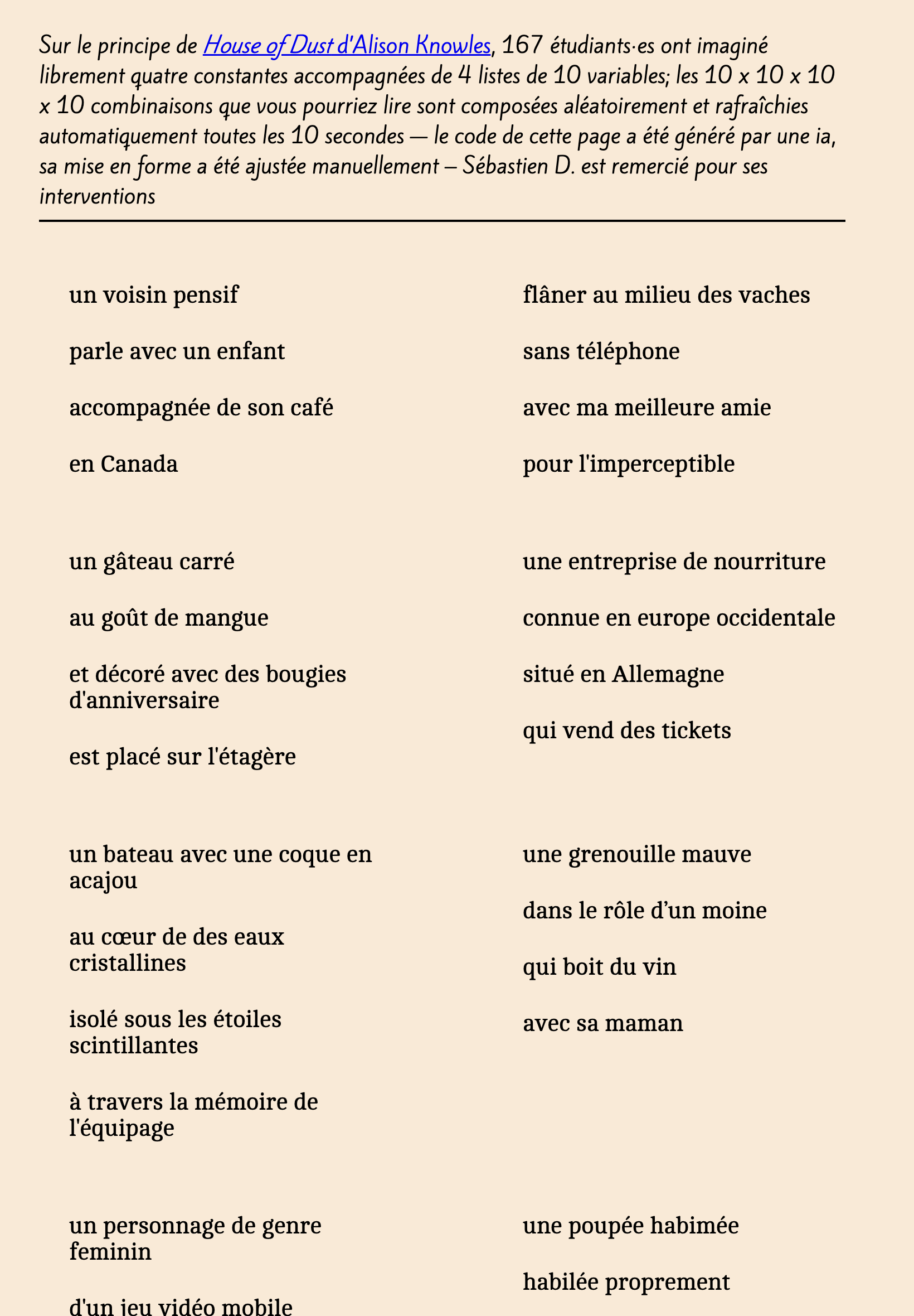 Page beige avec un paragraphe d'introduction suivi d'une ligne de séparation suivi de morceaux de phrases divisé en 2 colonnes.